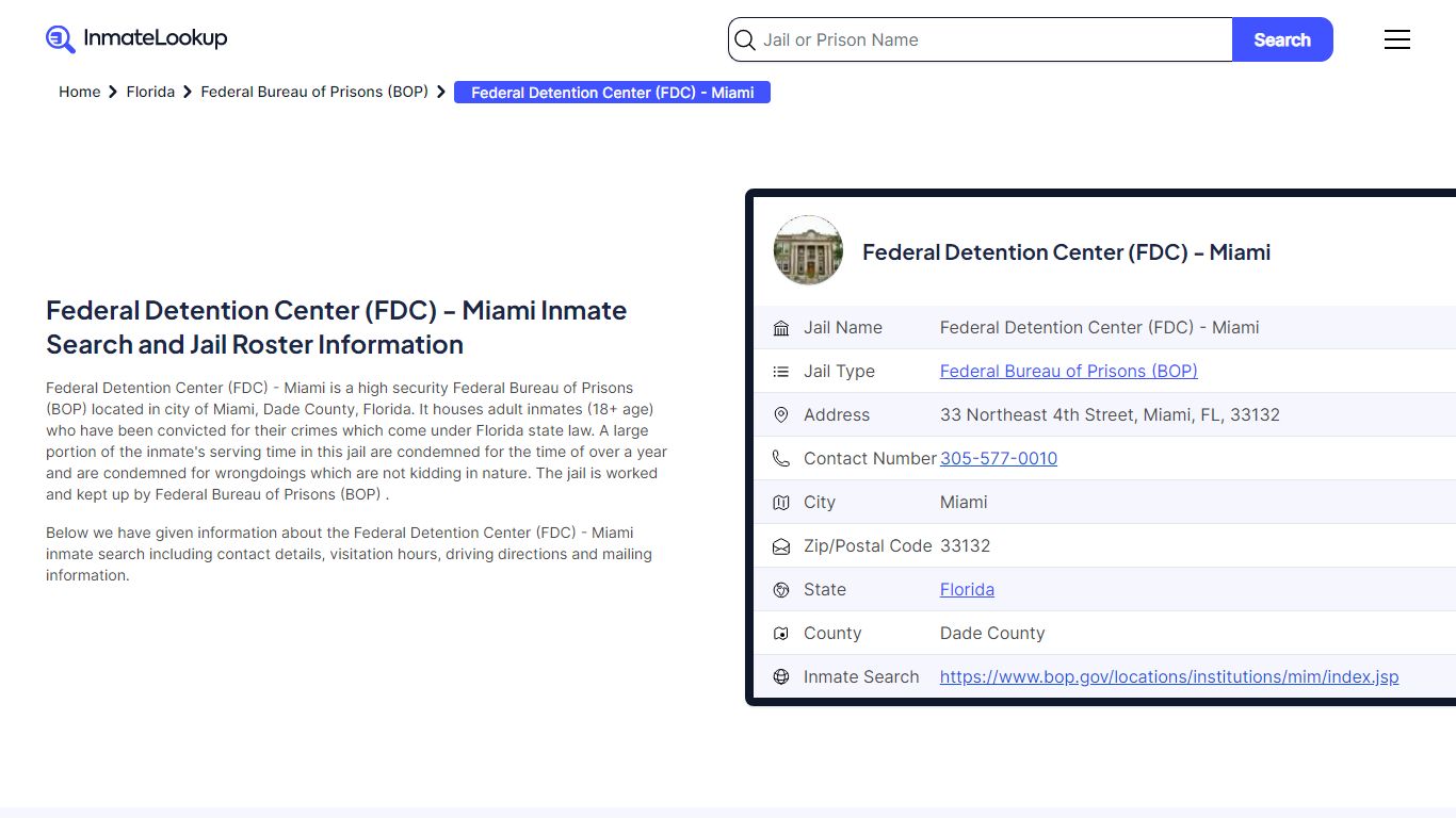 Federal Detention Center (FDC) - Miami Inmate Search, Jail Roster ...